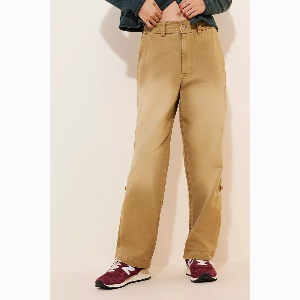 Free People Cleo Washed Chino Pants Mid-Rise Denim Solid Cotton Tan L-12 278613